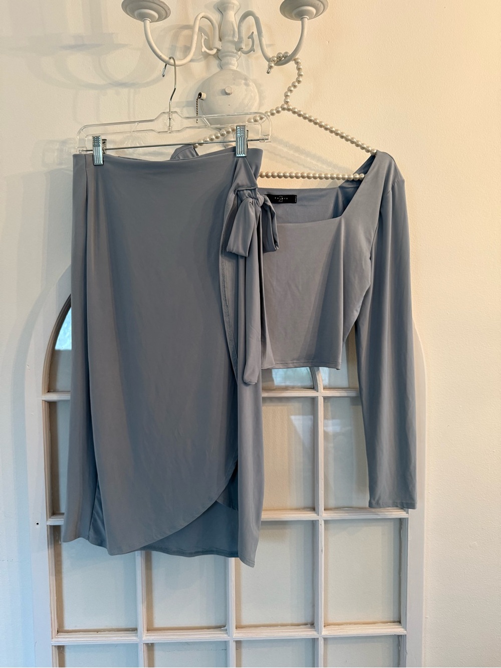 21 Saints Slate Blue 2-Piece Crop Top & Faux Wrap Skirt Set - Size Large